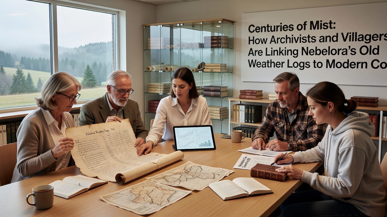 Modern conservation researchers comparing digitized historical weather logs with current sensor data in a Nebelora field station