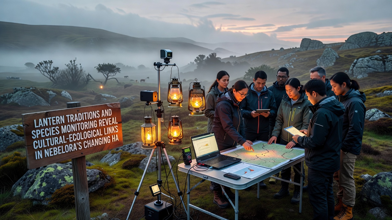 Volunteers recording species sightings near illuminated lanterns in Nebelora's autumn haze