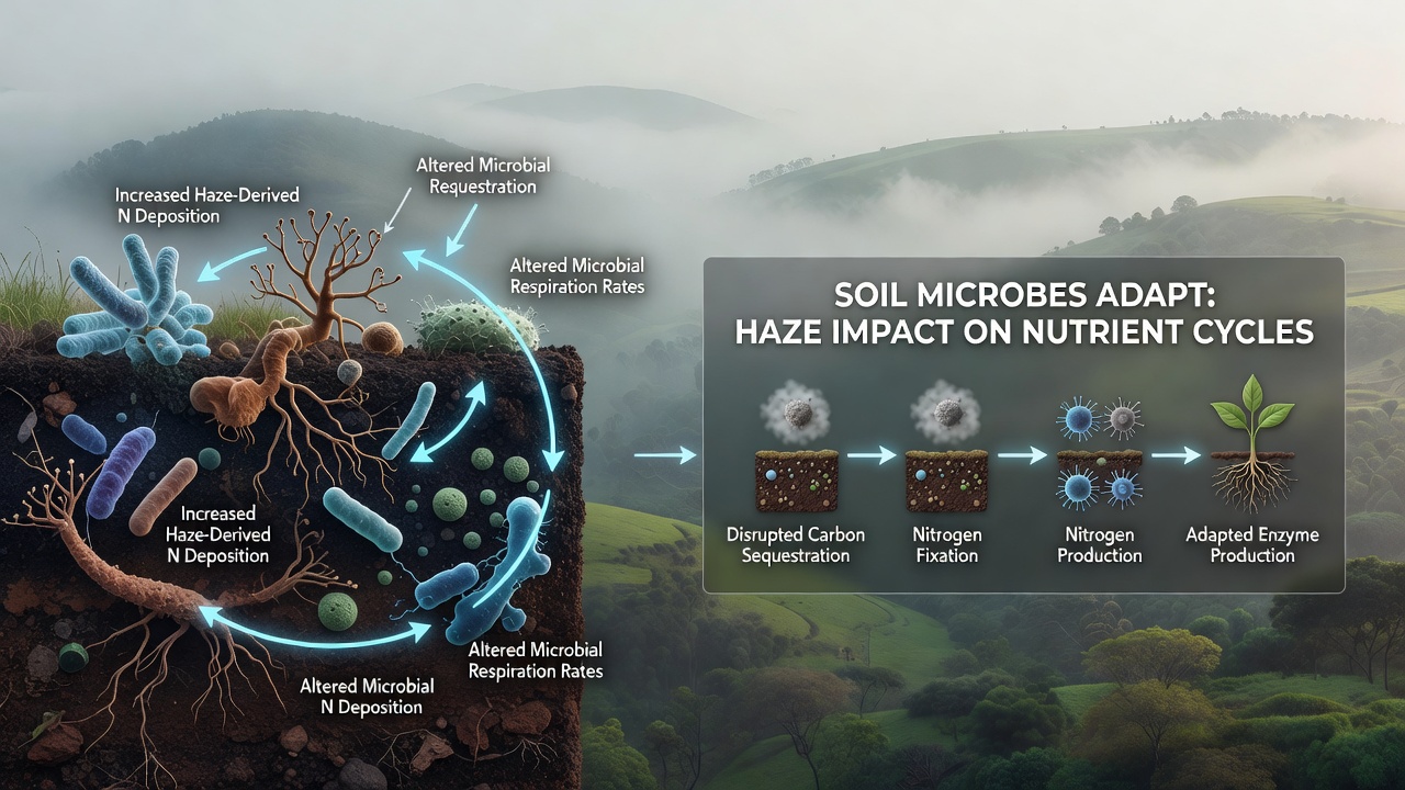 Researchers collecting soil cores in a haze-covered valley for microbial analysis